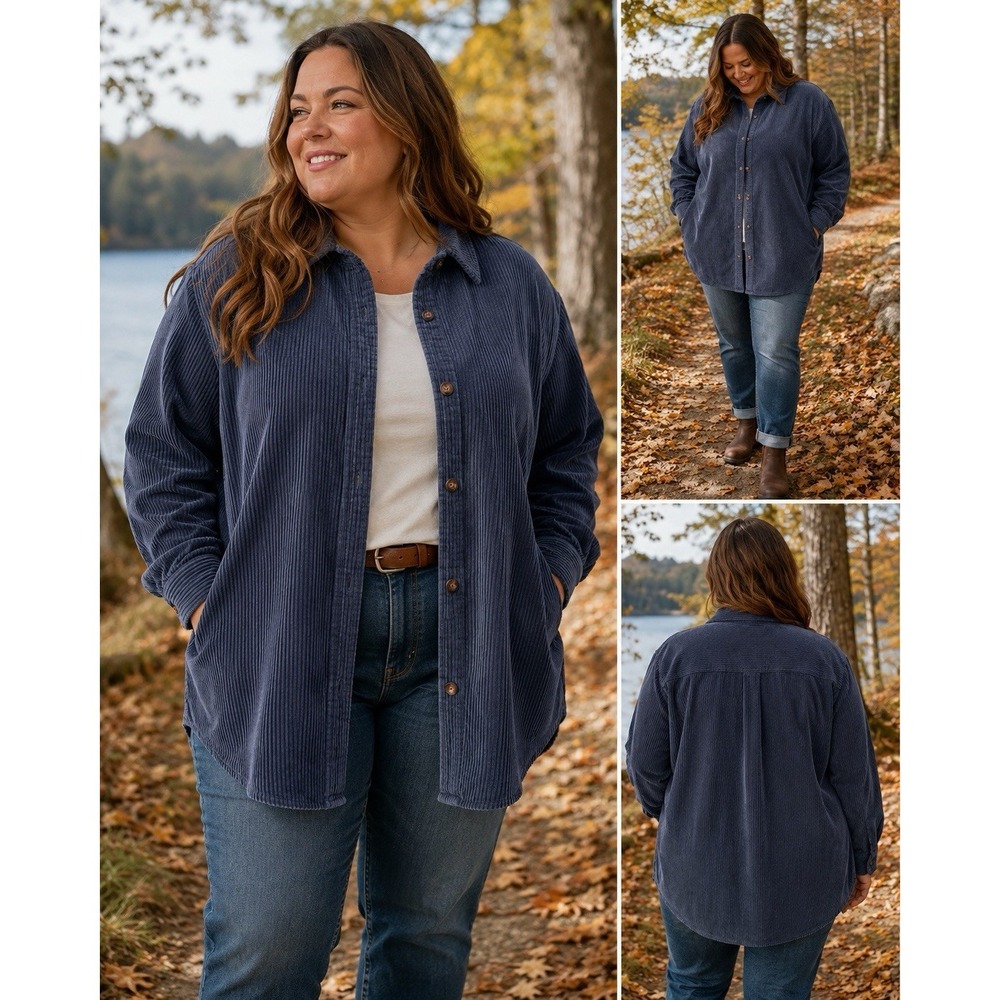 LL Bean Wide Wale Corduroy Shirt Jacket 3X Blue Gray Button Front Shacket Pocket